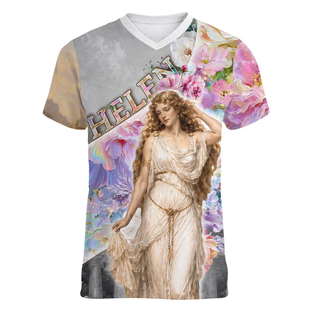 Helen Of Troy Women V-Neck T-Shirt Ancient Greek Mythology Floral Goddess Portrait