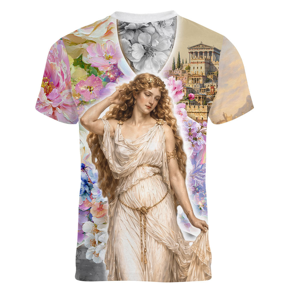 Helen Of Troy Women V-Neck T-Shirt Ancient Greek Mythology Floral Goddess Portrait