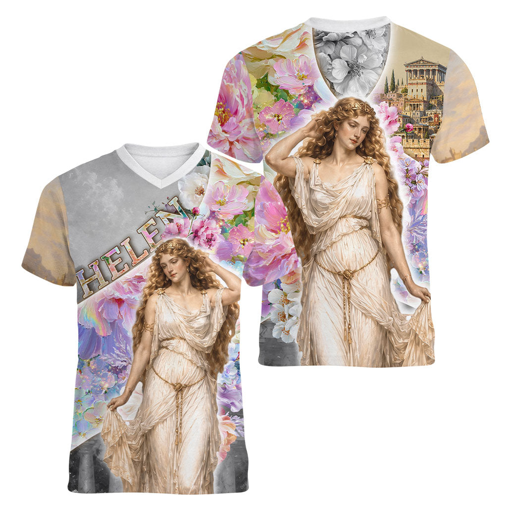 Helen Of Troy Women V-Neck T-Shirt Ancient Greek Mythology Floral Goddess Portrait