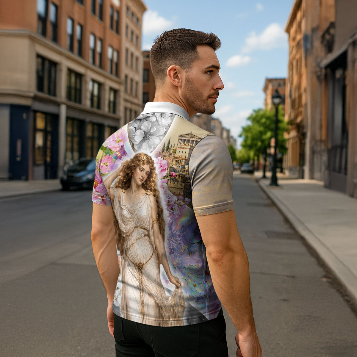 Helen Of Troy Zipper Polo Shirt Ancient Greek Mythology Floral Goddess Portrait