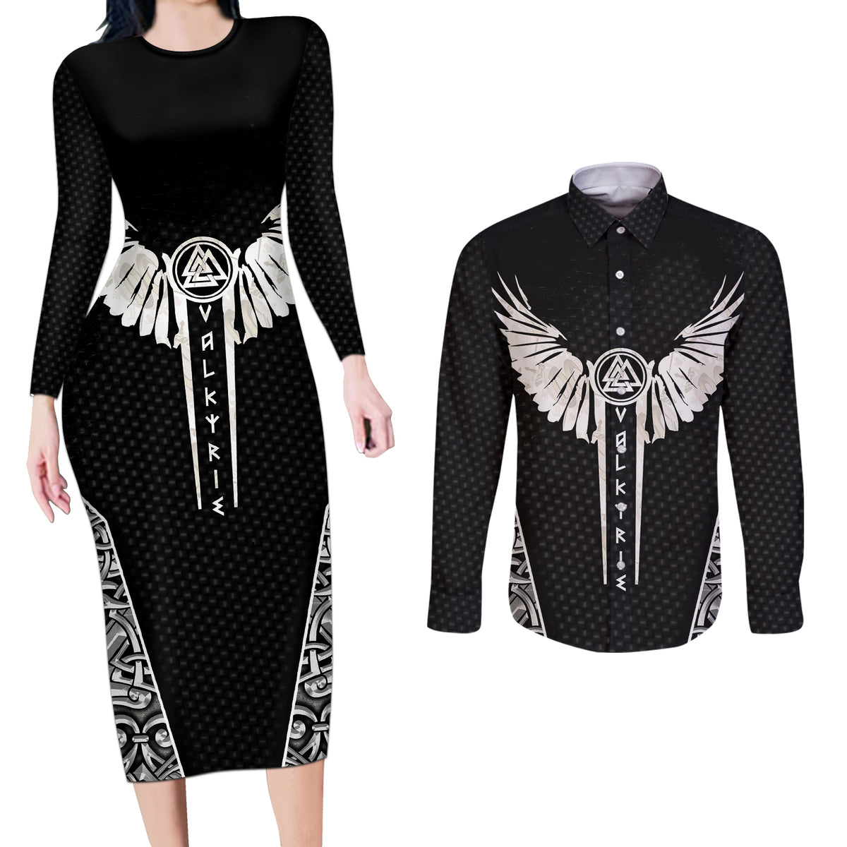 Viking Warrior Couples Matching Long Sleeve Bodycon Dress and Long Sleeve Button Shirts Valkyrie - Warrior Of Asgard - Wonder Print Shop