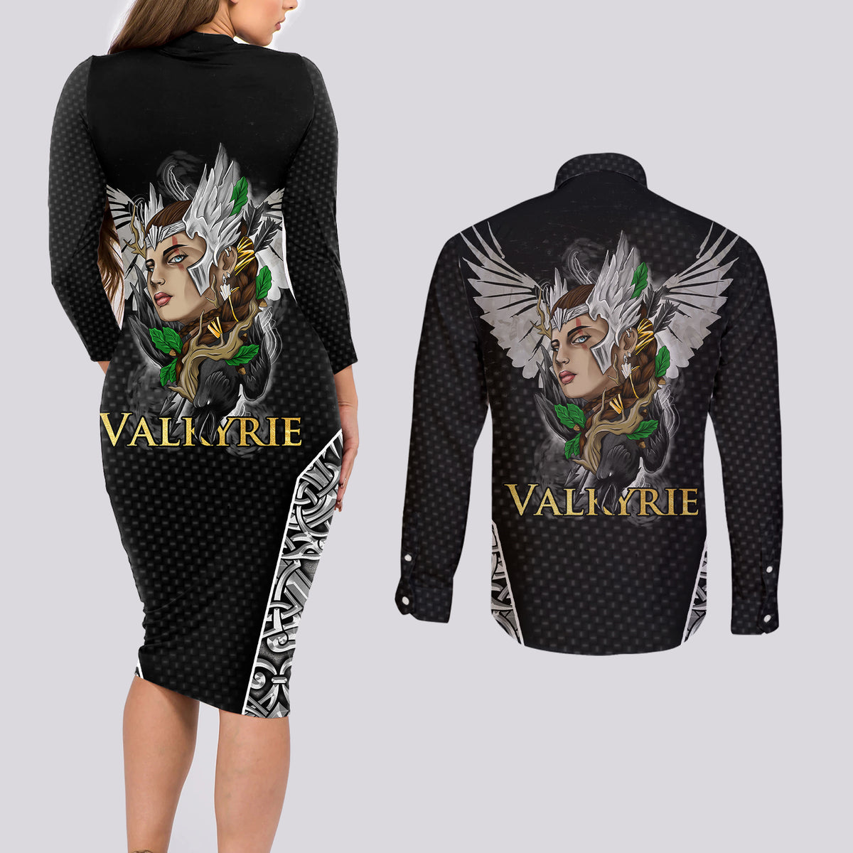 Viking Warrior Couples Matching Long Sleeve Bodycon Dress and Long Sleeve Button Shirts Valkyrie - Warrior Of Asgard - Wonder Print Shop
