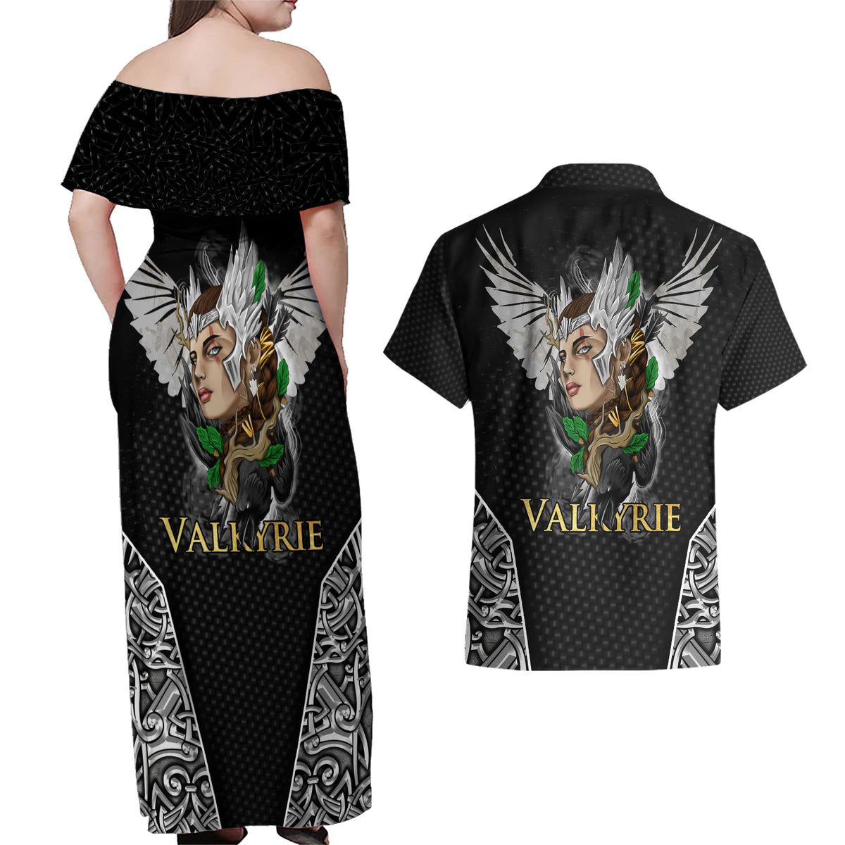 Viking Warrior Couples Matching Off Shoulder Maxi Dress and Hawaiian Shirt Valkyrie - Warrior Of Asgard - Wonder Print Shop