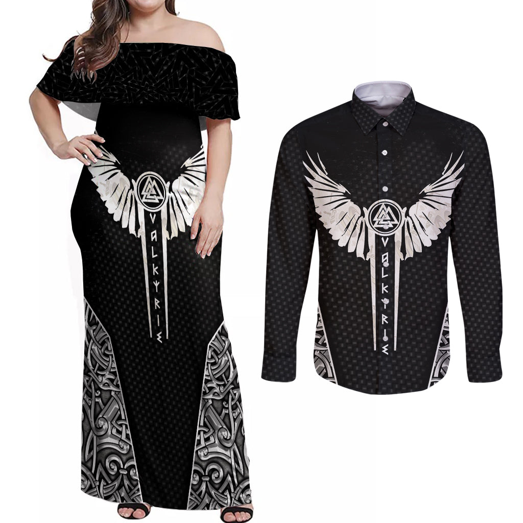 Viking Warrior Couples Matching Off Shoulder Maxi Dress and Long Sleeve Button Shirts Valkyrie - Warrior Of Asgard - Wonder Print Shop