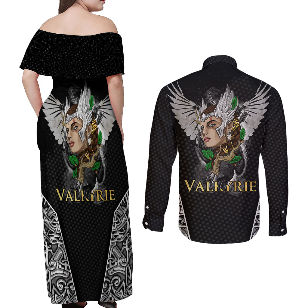 Viking Warrior Couples Matching Off Shoulder Maxi Dress and Long Sleeve Button Shirts Valkyrie - Warrior Of Asgard - Wonder Print Shop