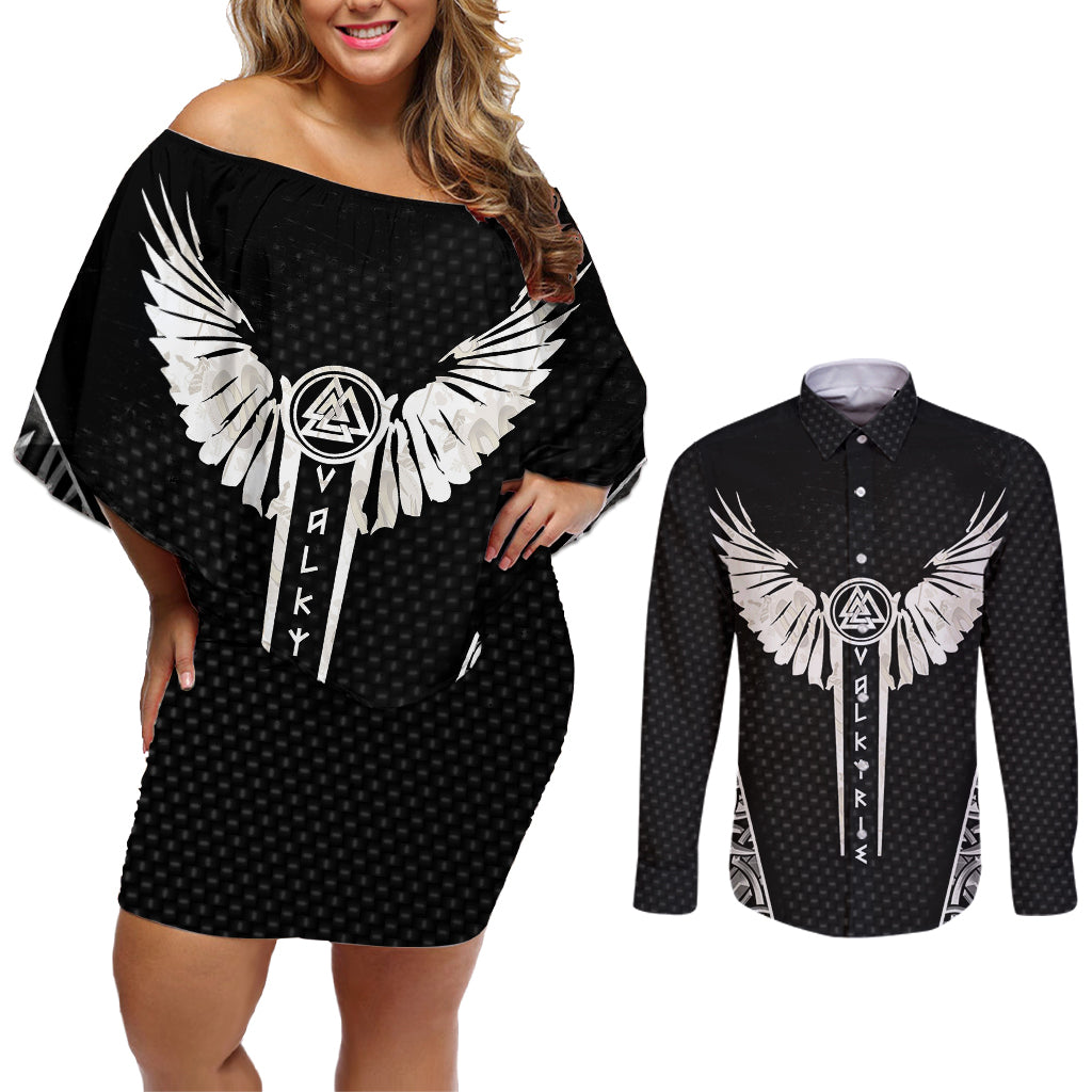 Viking Warrior Couples Matching Off Shoulder Short Dress and Long Sleeve Button Shirts Valkyrie - Warrior Of Asgard - Wonder Print Shop