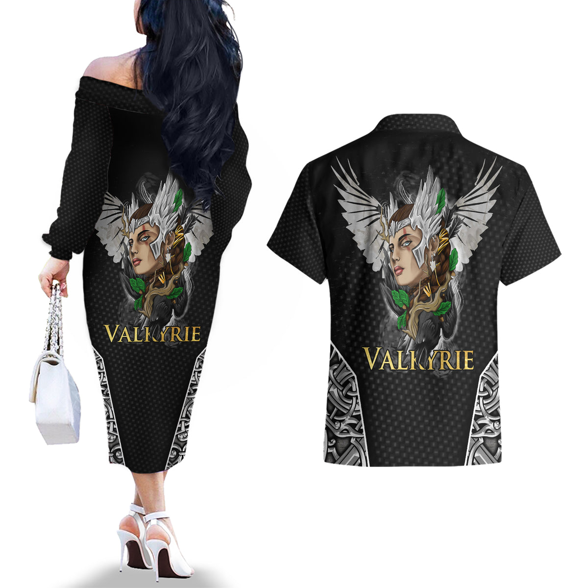 Viking Warrior Couples Matching Off The Shoulder Long Sleeve Dress and Hawaiian Shirt Valkyrie - Warrior Of Asgard - Wonder Print Shop