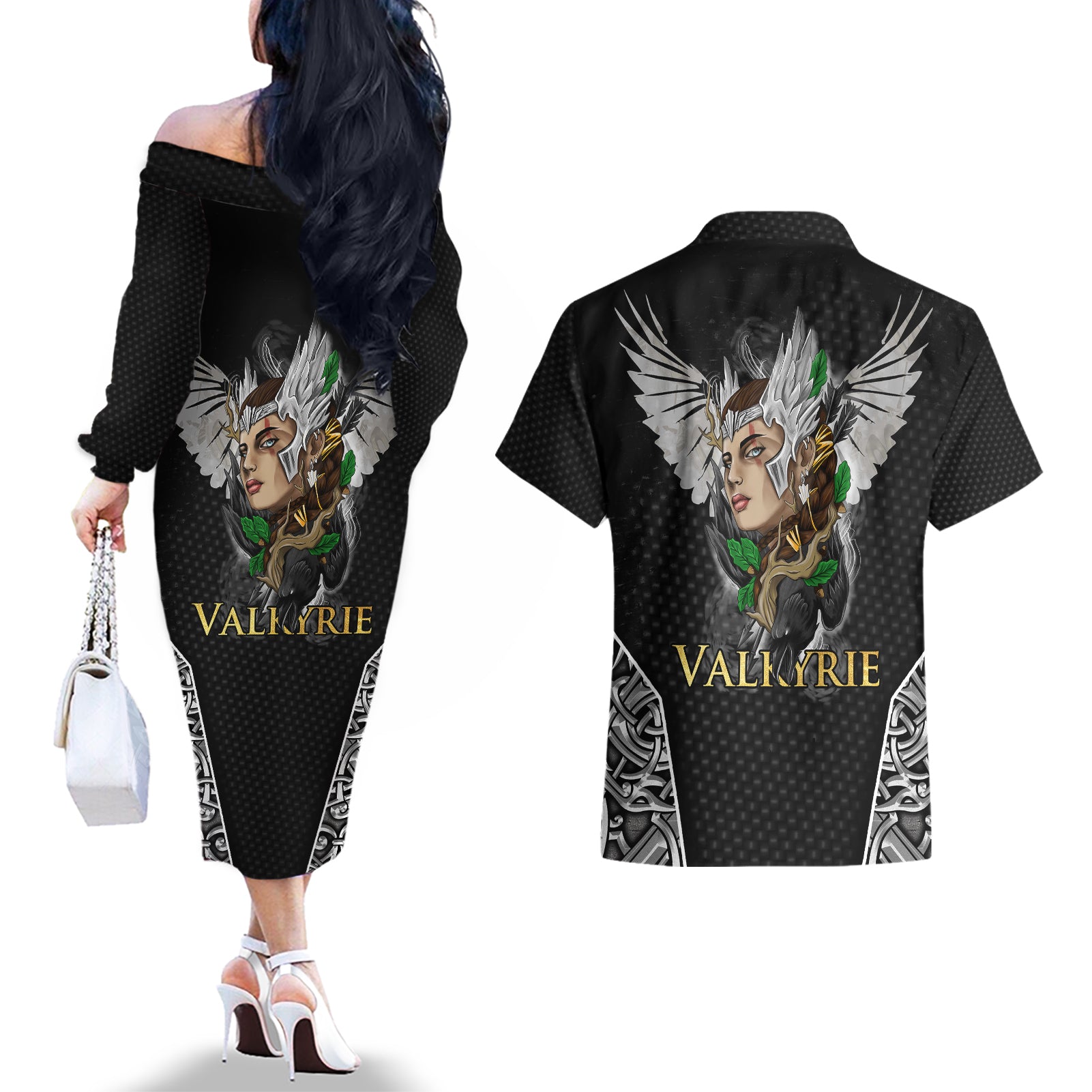 Viking Warrior Couples Matching Off The Shoulder Long Sleeve Dress and Hawaiian Shirt Valkyrie - Warrior Of Asgard - Wonder Print Shop