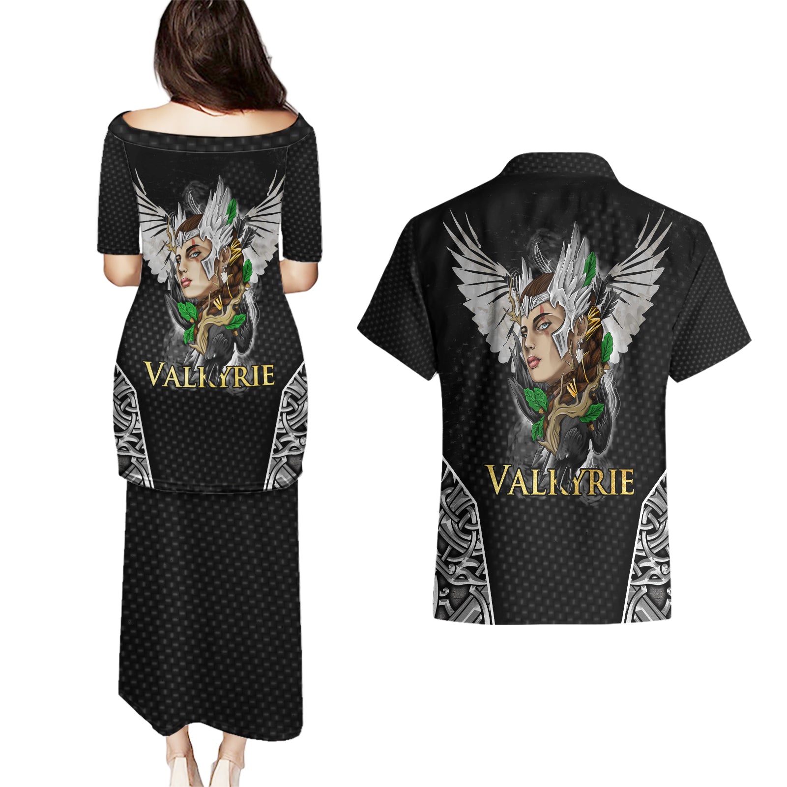 Viking Warrior Couples Matching Puletasi Dress and Hawaiian Shirt Valkyrie - Warrior Of Asgard - Wonder Print Shop