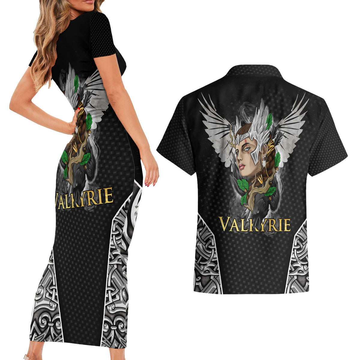 Viking Warrior Couples Matching Short Sleeve Bodycon Dress and Hawaiian Shirt Valkyrie - Warrior Of Asgard - Wonder Print Shop