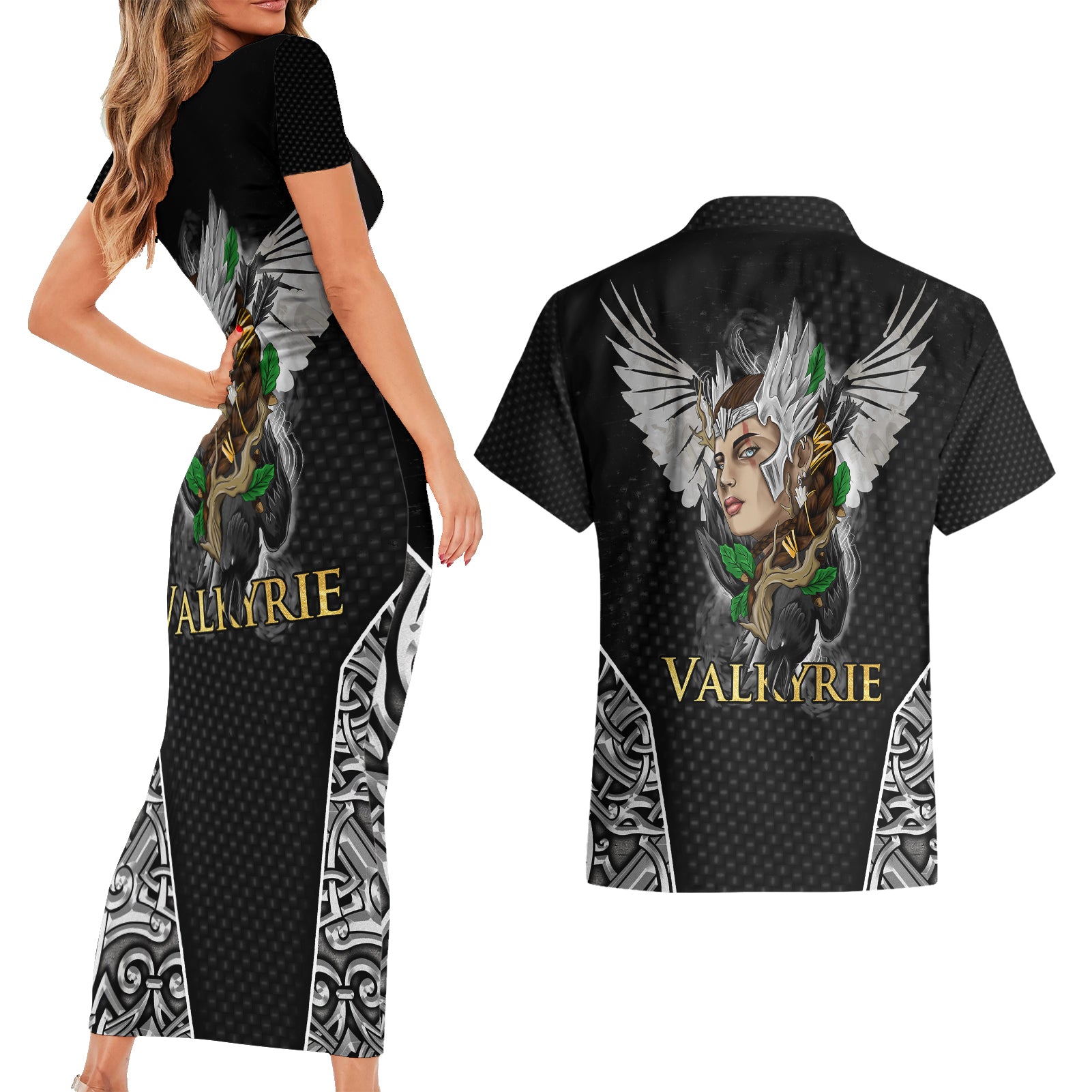 Viking Warrior Couples Matching Short Sleeve Bodycon Dress and Hawaiian Shirt Valkyrie - Warrior Of Asgard - Wonder Print Shop