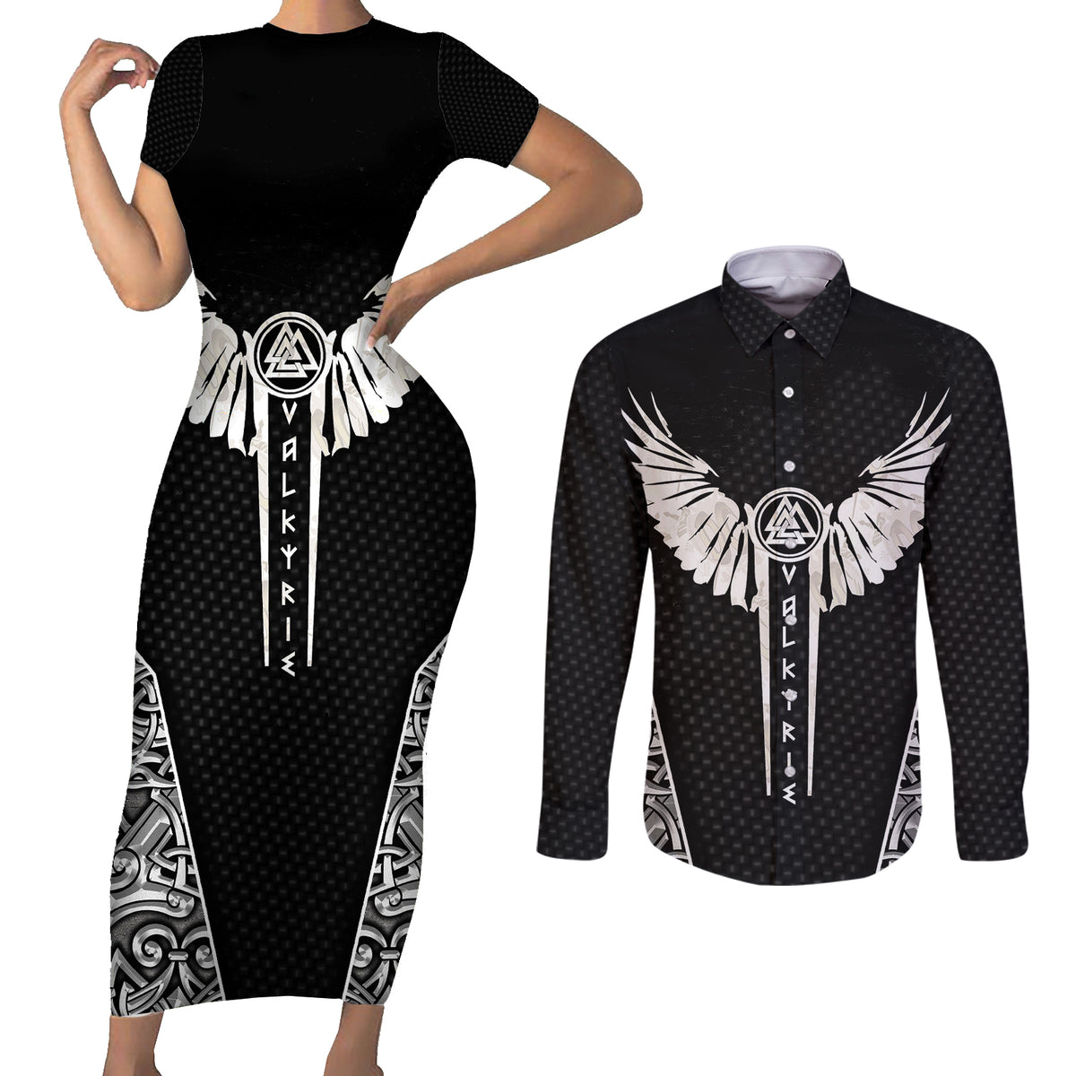 Viking Warrior Couples Matching Short Sleeve Bodycon Dress and Long Sleeve Button Shirts Valkyrie - Warrior Of Asgard - Wonder Print Shop