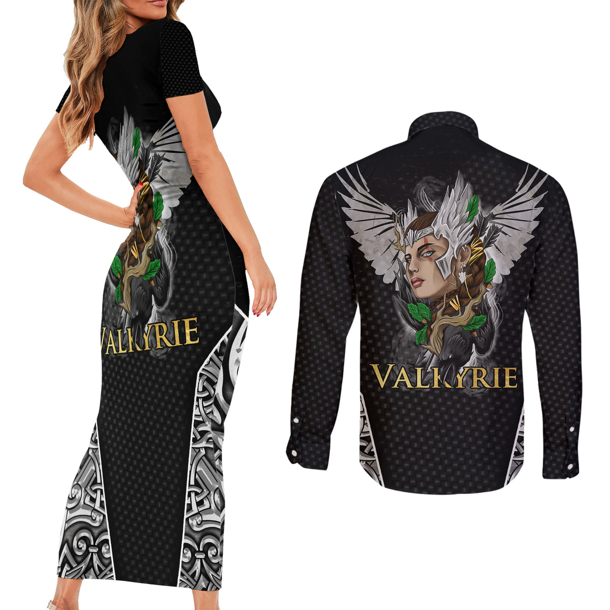 Viking Warrior Couples Matching Short Sleeve Bodycon Dress and Long Sleeve Button Shirts Valkyrie - Warrior Of Asgard - Wonder Print Shop