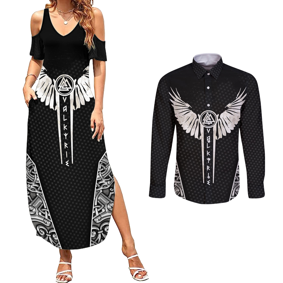 Viking Warrior Couples Matching Summer Maxi Dress and Long Sleeve Button Shirts Valkyrie - Warrior Of Asgard - Wonder Print Shop
