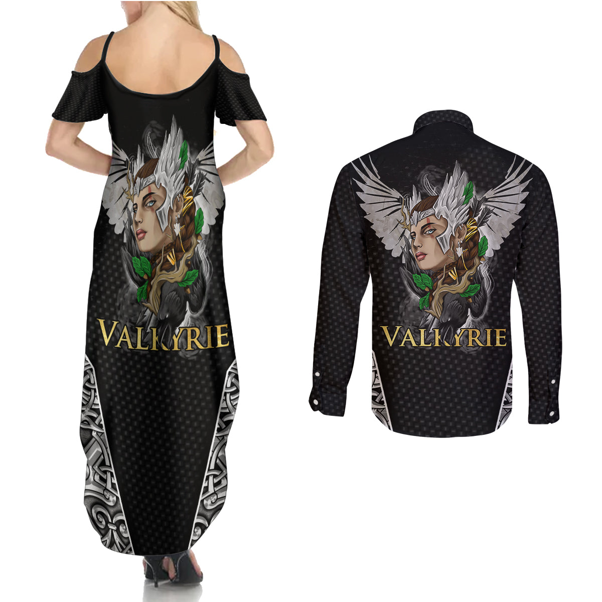 Viking Warrior Couples Matching Summer Maxi Dress and Long Sleeve Button Shirts Valkyrie - Warrior Of Asgard - Wonder Print Shop