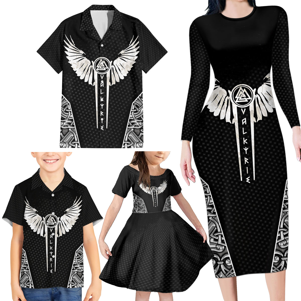 Viking Warrior Family Matching Long Sleeve Bodycon Dress and Hawaiian Shirt Valkyrie - Warrior Of Asgard - Wonder Print Shop