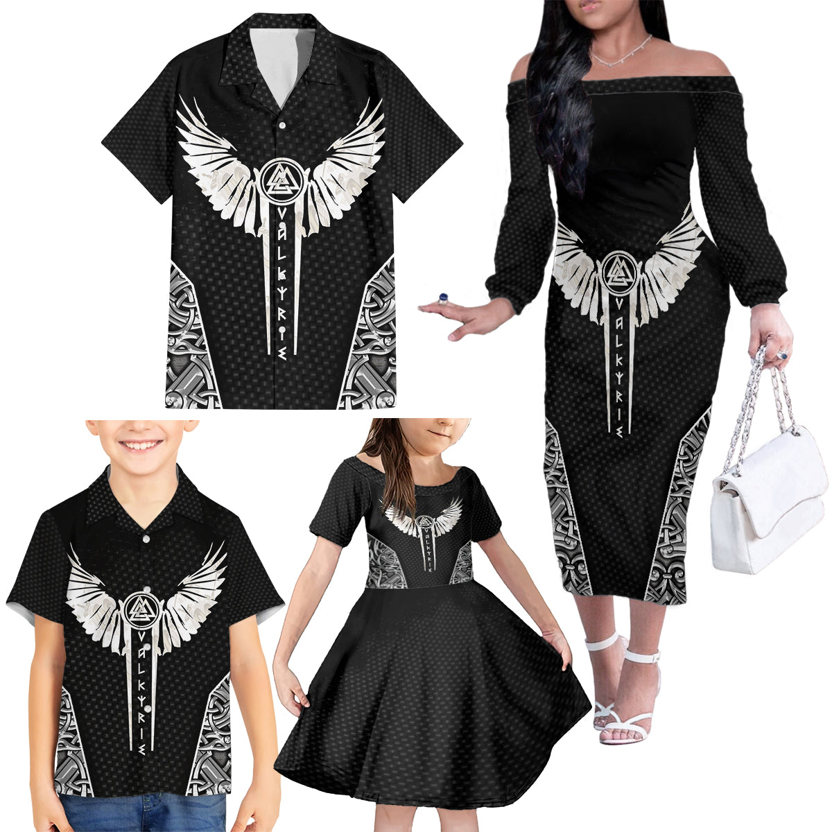 Viking Warrior Family Matching Off Shoulder Long Sleeve Dress and Hawaiian Shirt Valkyrie - Warrior Of Asgard - Wonder Print Shop