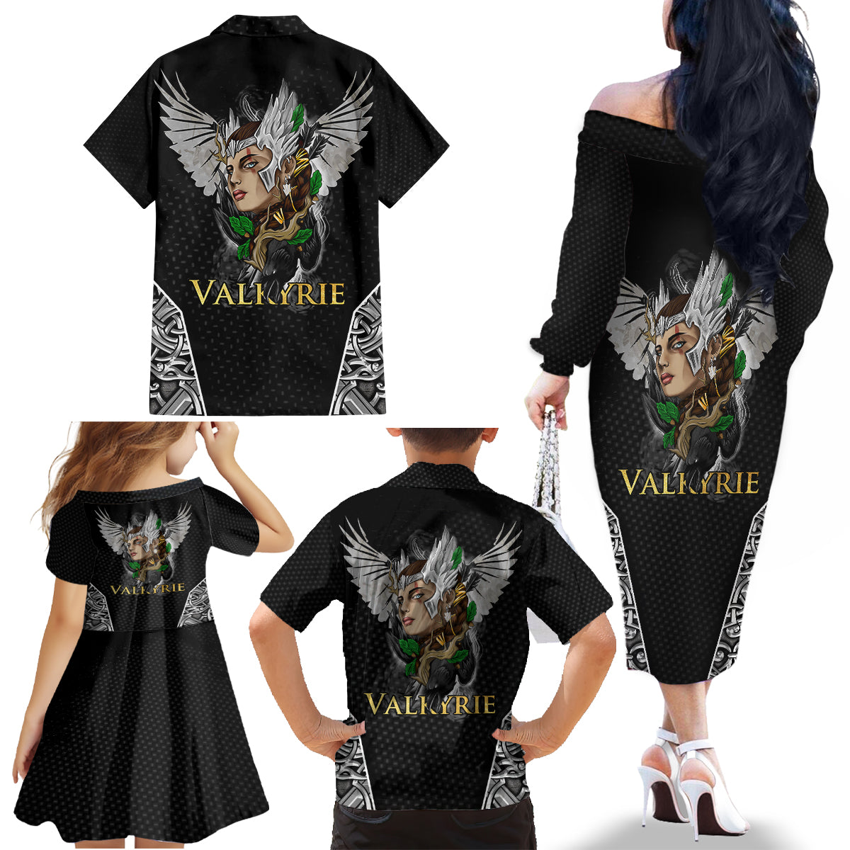 Viking Warrior Family Matching Off Shoulder Long Sleeve Dress and Hawaiian Shirt Valkyrie - Warrior Of Asgard - Wonder Print Shop