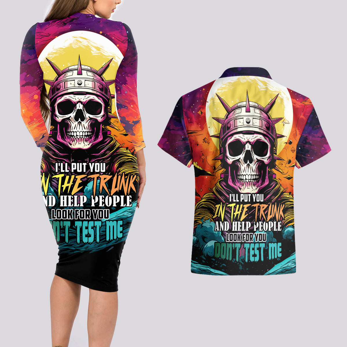 Skull Space Couples Matching Long Sleeve Bodycon Dress and Hawaiian Shirt I'll Put You In The Trunk - Wonder Print Shop