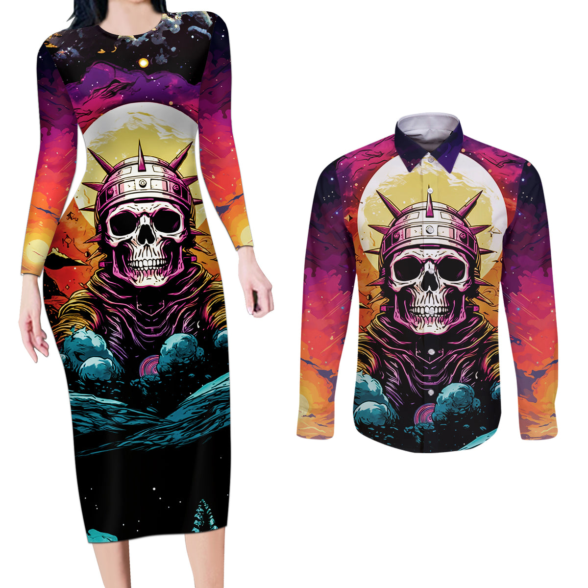 Skull Space Couples Matching Long Sleeve Bodycon Dress and Long Sleeve Button Shirts I'll Put You In The Trunk - Wonder Print Shop