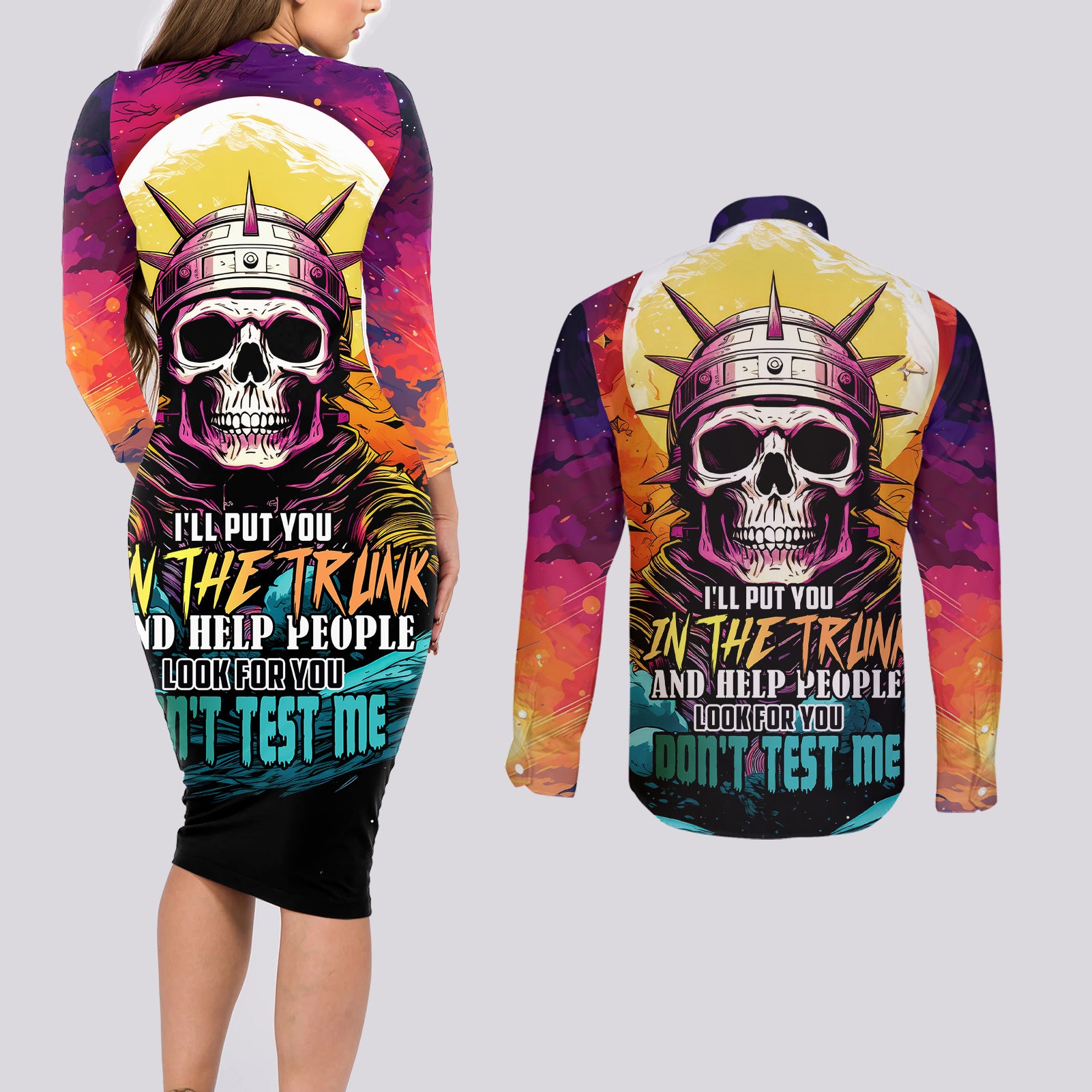Skull Space Couples Matching Long Sleeve Bodycon Dress and Long Sleeve Button Shirts I'll Put You In The Trunk - Wonder Print Shop