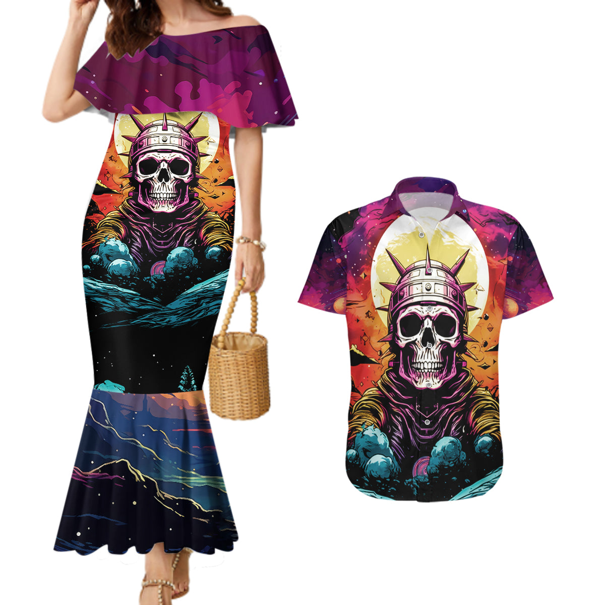 Skull Space Couples Matching Mermaid Dress and Hawaiian Shirt I'll Put You In The Trunk - Wonder Print Shop
