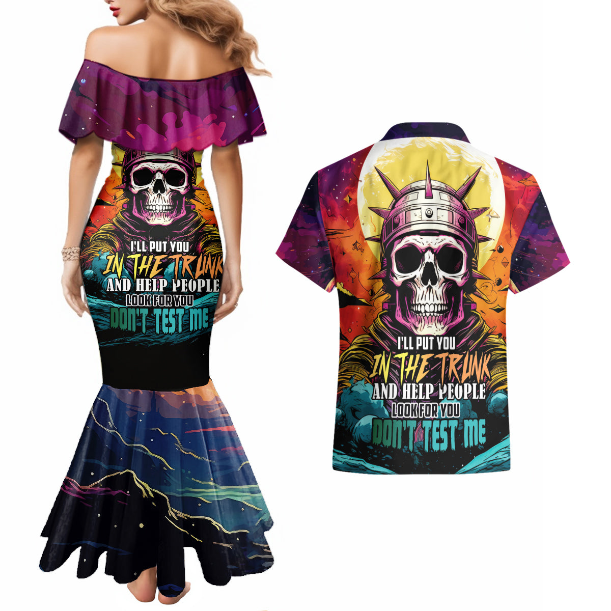 Skull Space Couples Matching Mermaid Dress and Hawaiian Shirt I'll Put You In The Trunk - Wonder Print Shop