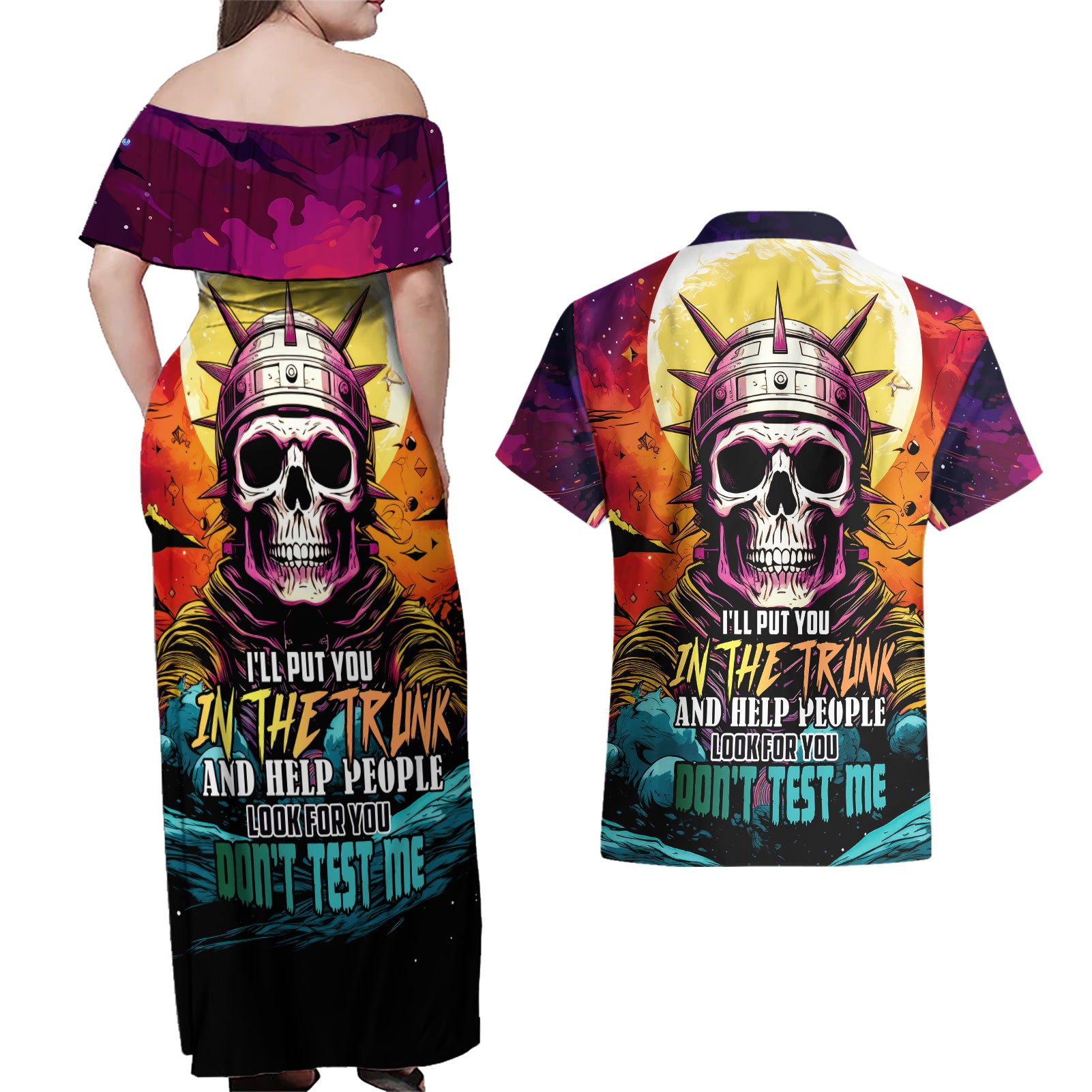 Skull Space Couples Matching Off Shoulder Maxi Dress and Hawaiian Shirt I'll Put You In The Trunk - Wonder Print Shop
