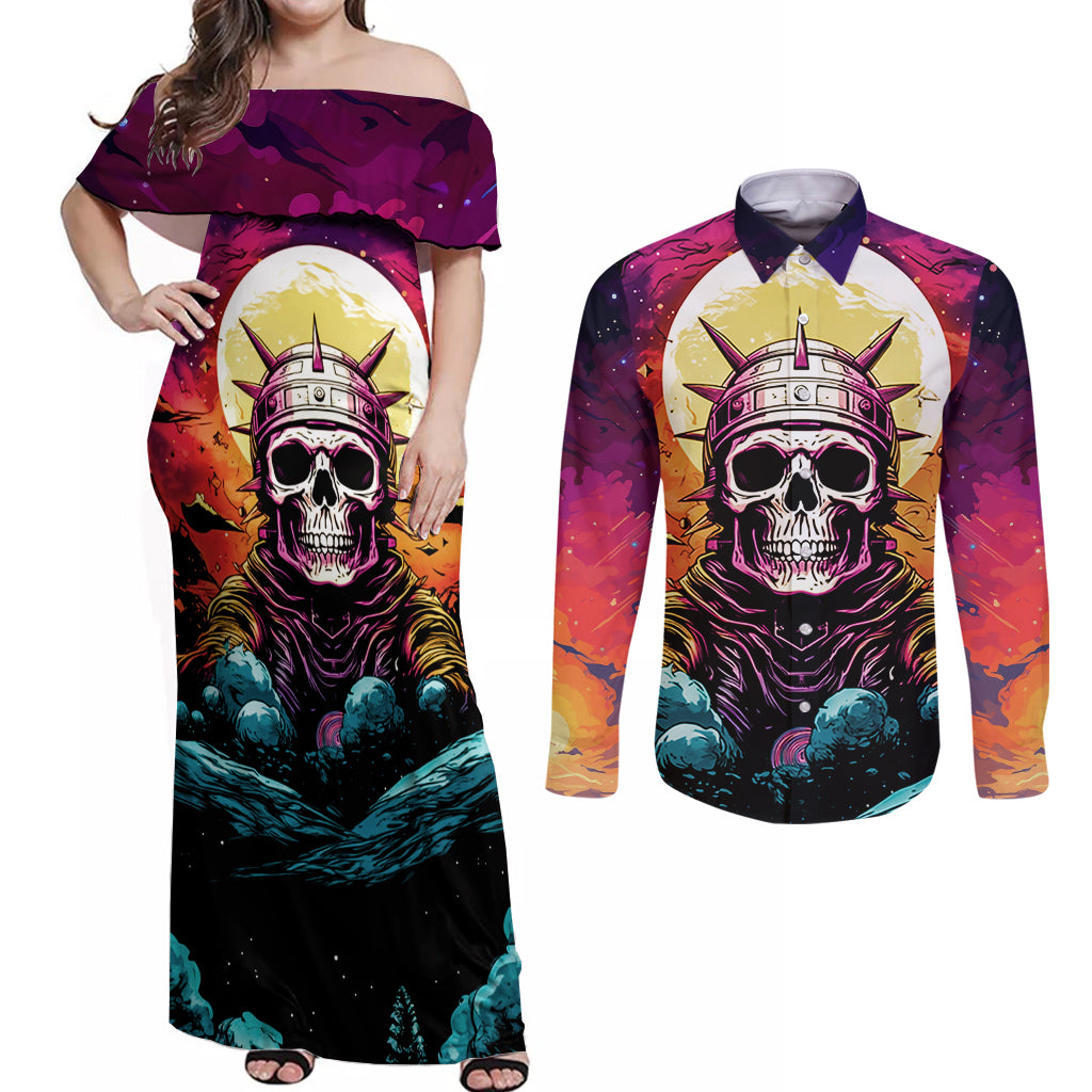 Skull Space Couples Matching Off Shoulder Maxi Dress and Long Sleeve Button Shirts I'll Put You In The Trunk - Wonder Print Shop