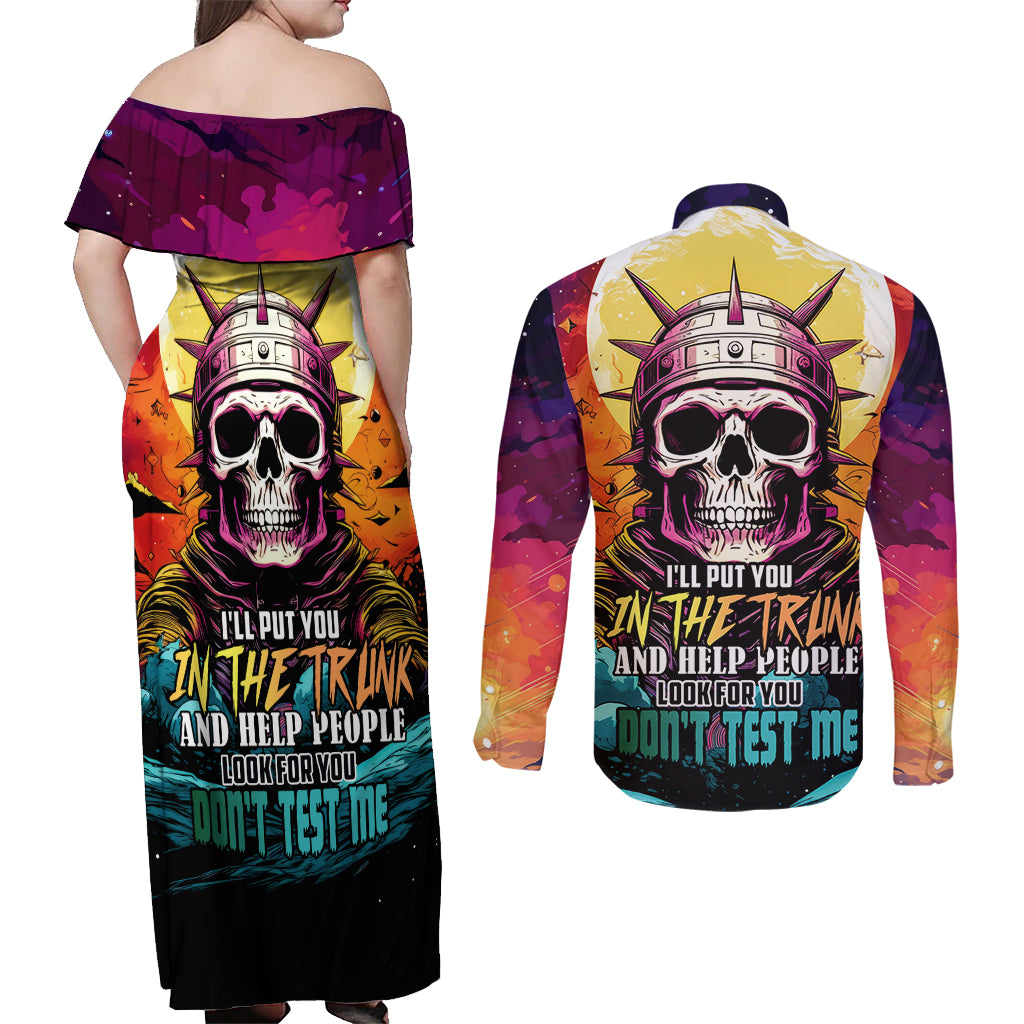 Skull Space Couples Matching Off Shoulder Maxi Dress and Long Sleeve Button Shirts I'll Put You In The Trunk - Wonder Print Shop