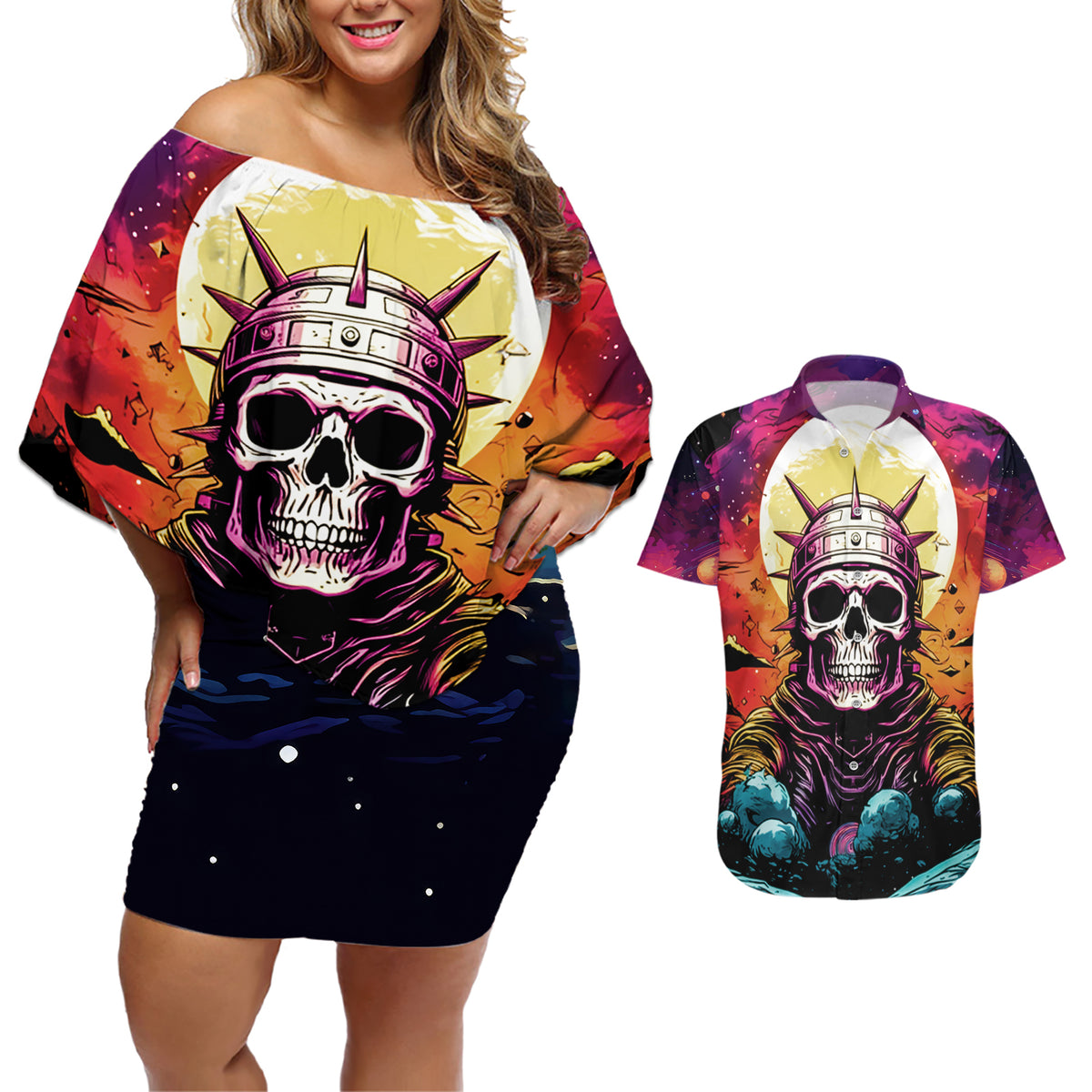 Skull Space Couples Matching Off Shoulder Short Dress and Hawaiian Shirt I'll Put You In The Trunk - Wonder Print Shop