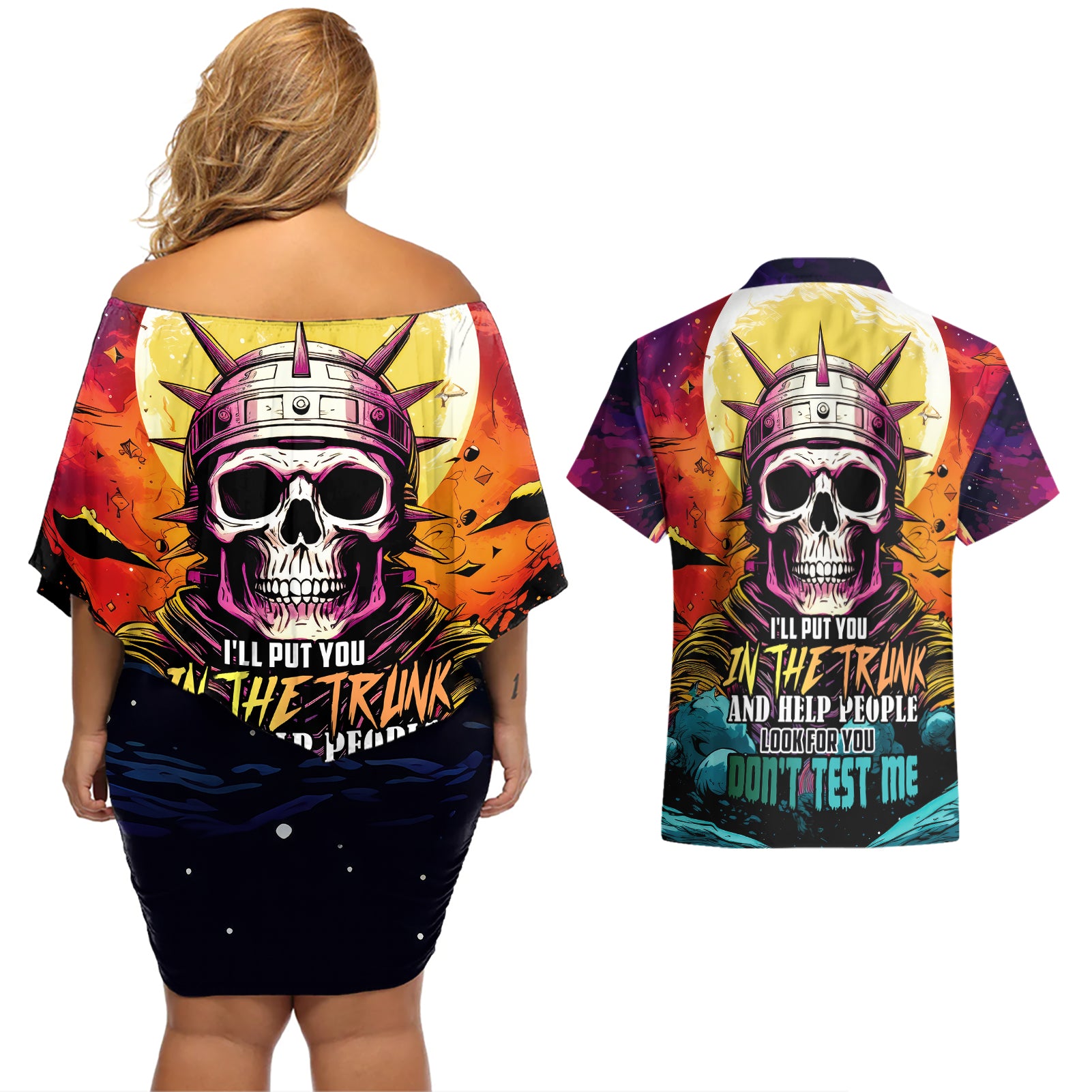 Skull Space Couples Matching Off Shoulder Short Dress and Hawaiian Shirt I'll Put You In The Trunk - Wonder Print Shop