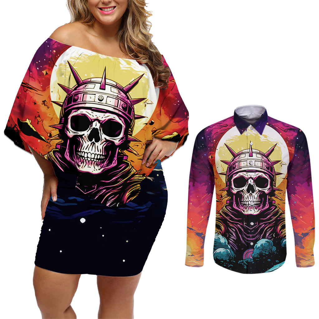 Skull Space Couples Matching Off Shoulder Short Dress and Long Sleeve Button Shirts I'll Put You In The Trunk - Wonder Print Shop