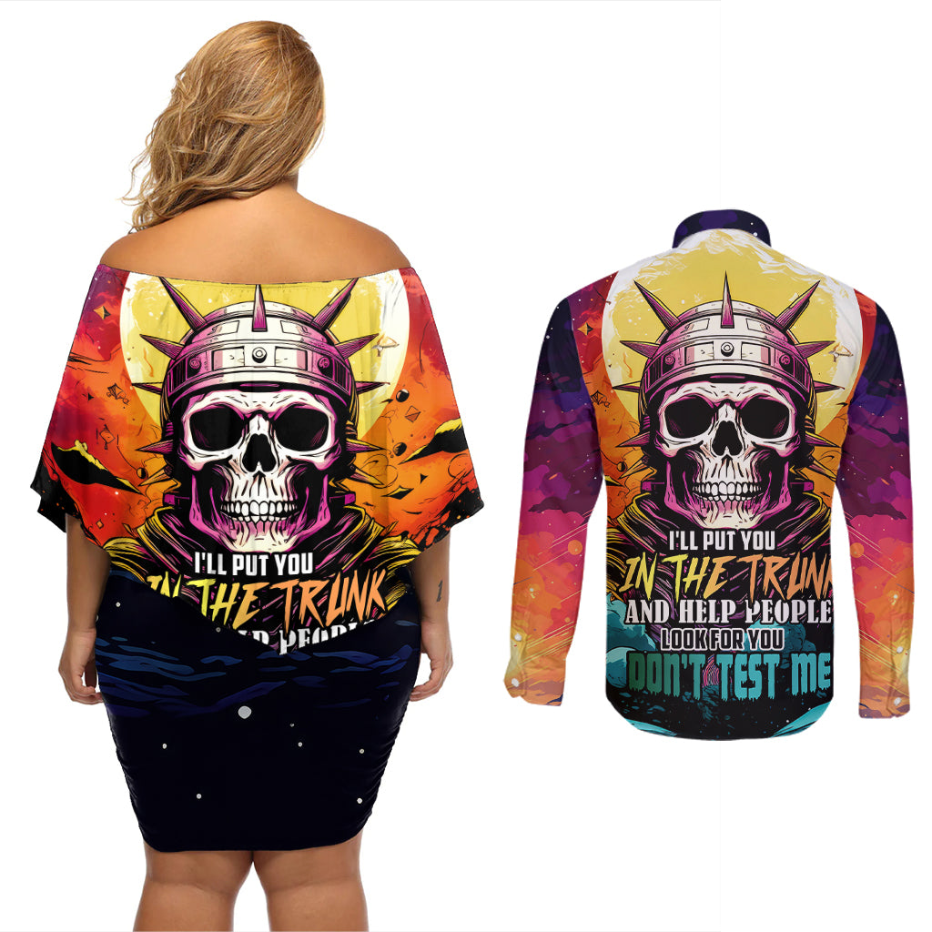 Skull Space Couples Matching Off Shoulder Short Dress and Long Sleeve Button Shirts I'll Put You In The Trunk - Wonder Print Shop