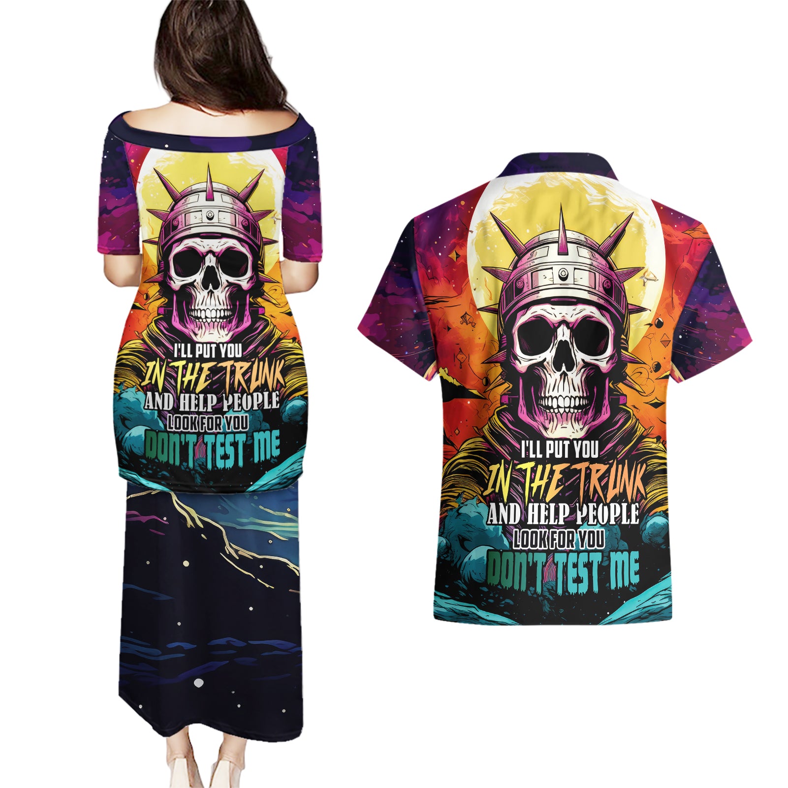 Skull Space Couples Matching Puletasi Dress and Hawaiian Shirt I'll Put You In The Trunk - Wonder Print Shop