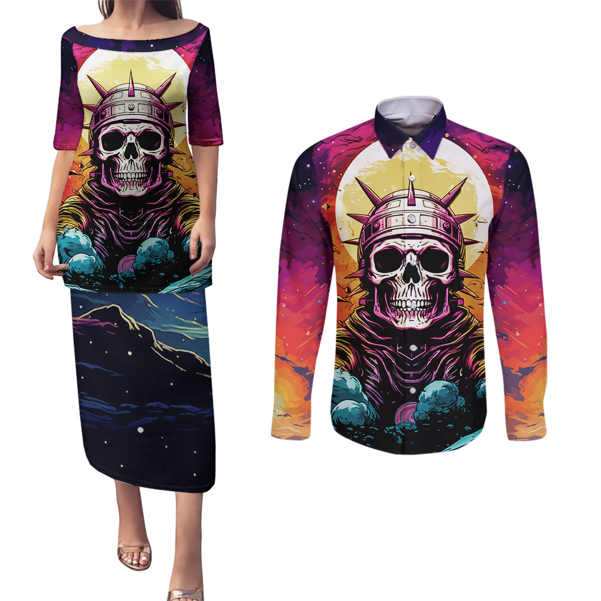Skull Space Couples Matching Puletasi Dress and Long Sleeve Button Shirts I'll Put You In The Trunk - Wonder Print Shop