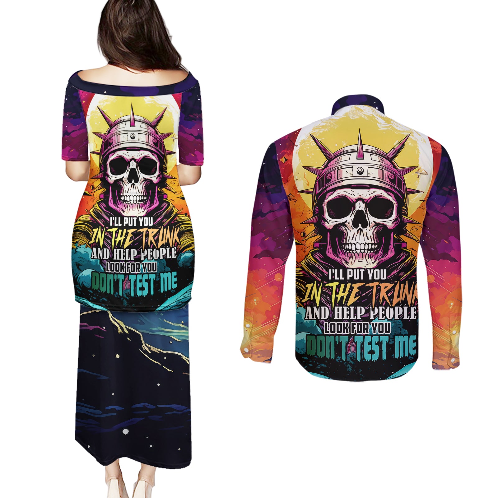 Skull Space Couples Matching Puletasi Dress and Long Sleeve Button Shirts I'll Put You In The Trunk - Wonder Print Shop