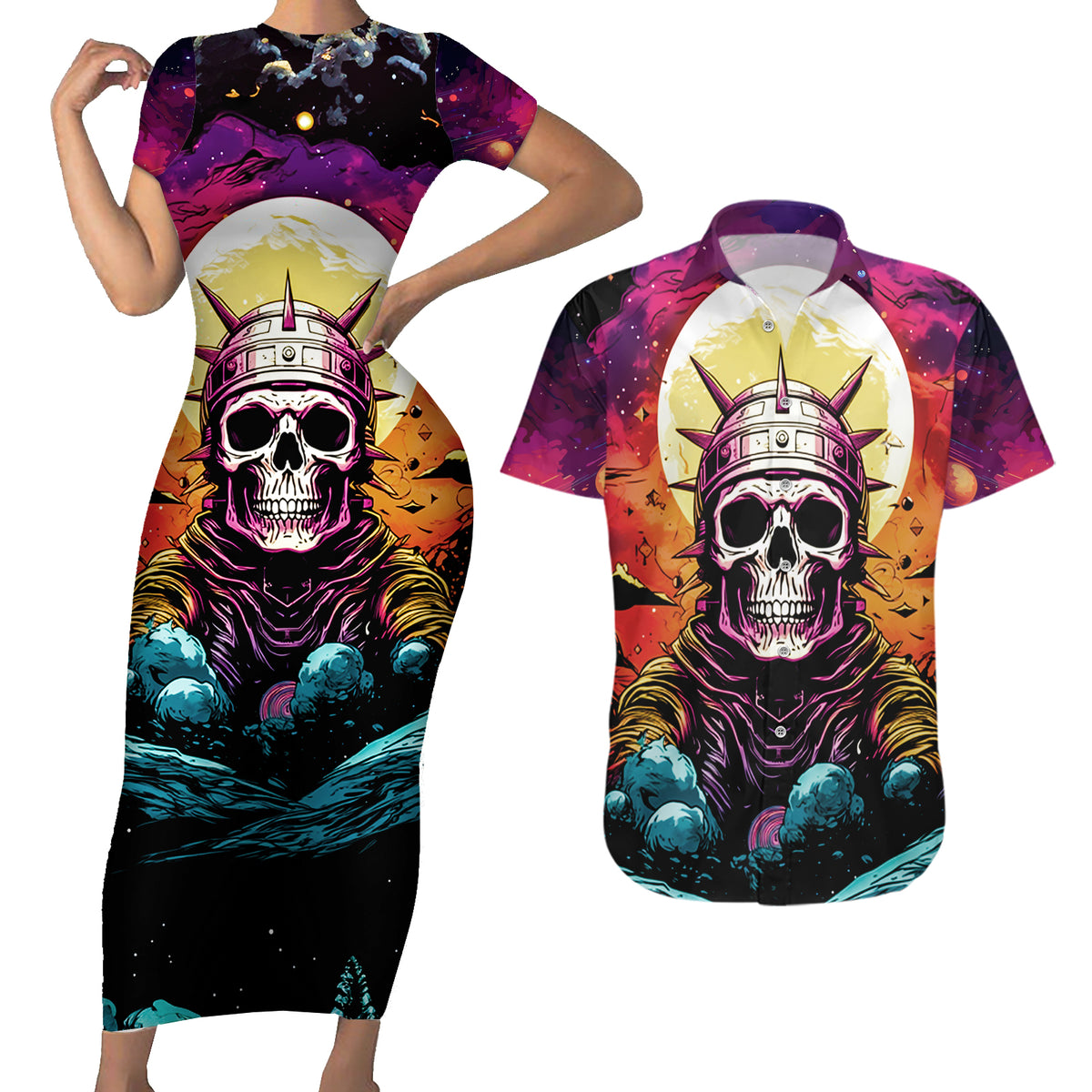 Skull Space Couples Matching Short Sleeve Bodycon Dress and Hawaiian Shirt I'll Put You In The Trunk - Wonder Print Shop