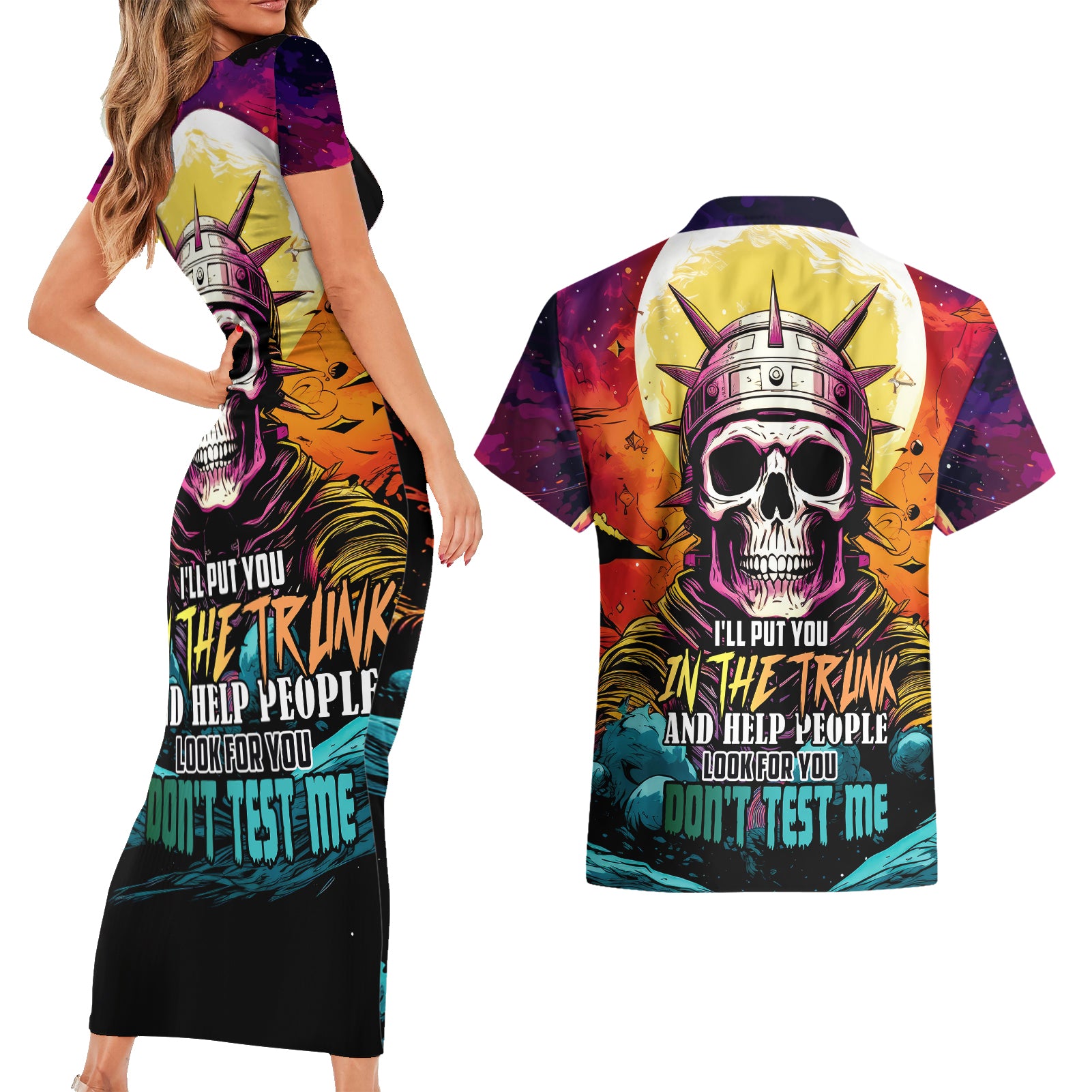 Skull Space Couples Matching Short Sleeve Bodycon Dress and Hawaiian Shirt I'll Put You In The Trunk - Wonder Print Shop