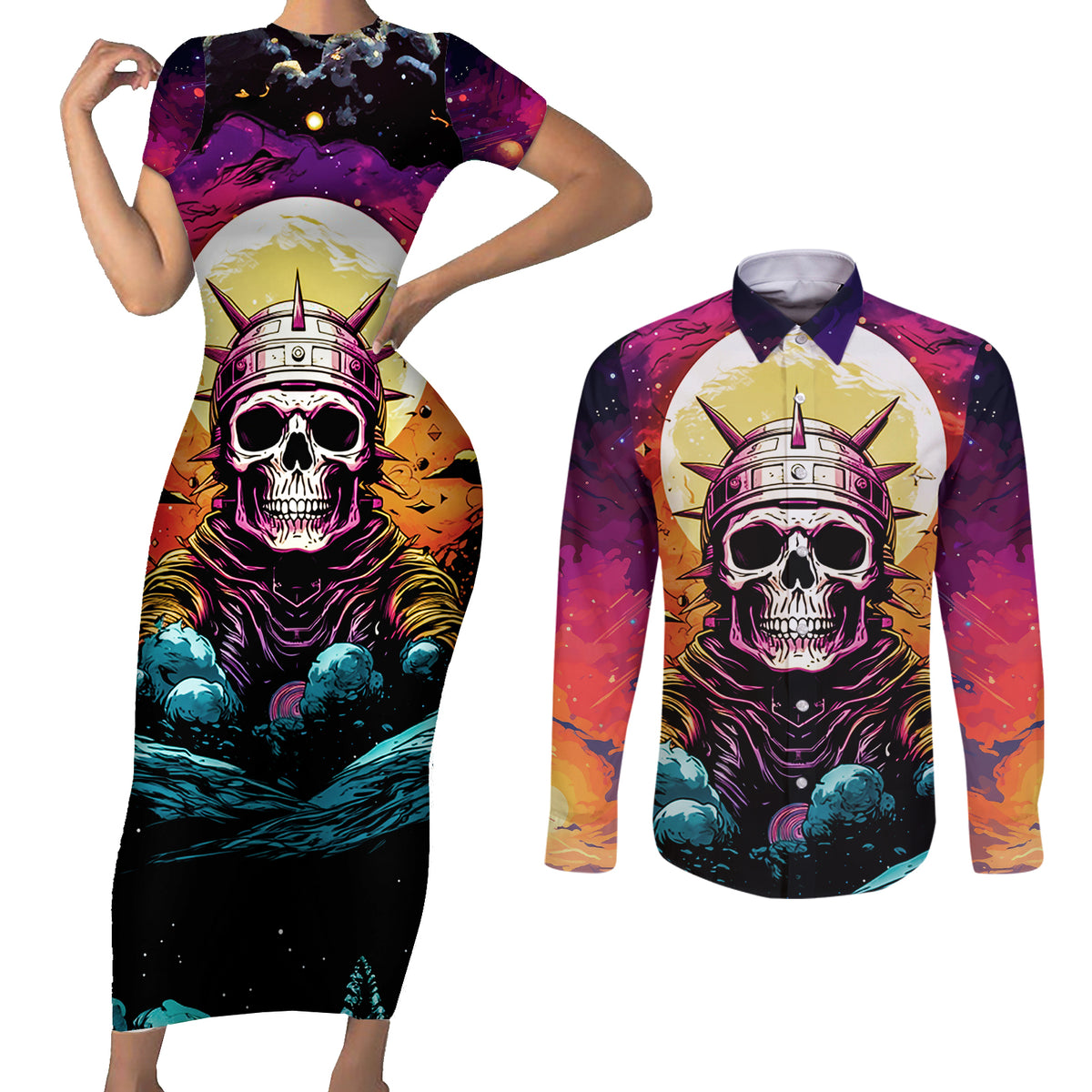 Skull Space Couples Matching Short Sleeve Bodycon Dress and Long Sleeve Button Shirts I'll Put You In The Trunk - Wonder Print Shop