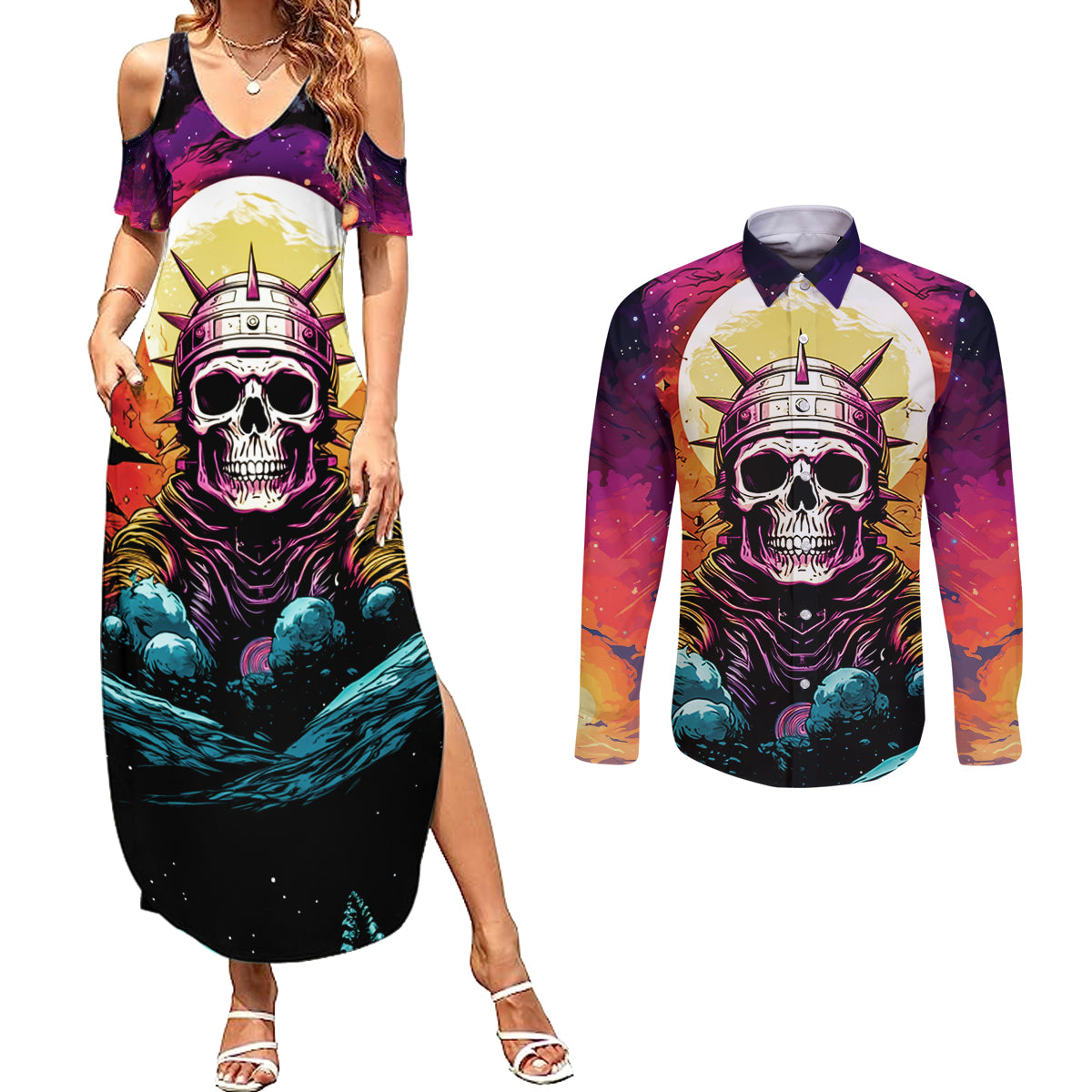 Skull Space Couples Matching Summer Maxi Dress and Long Sleeve Button Shirts I'll Put You In The Trunk - Wonder Print Shop