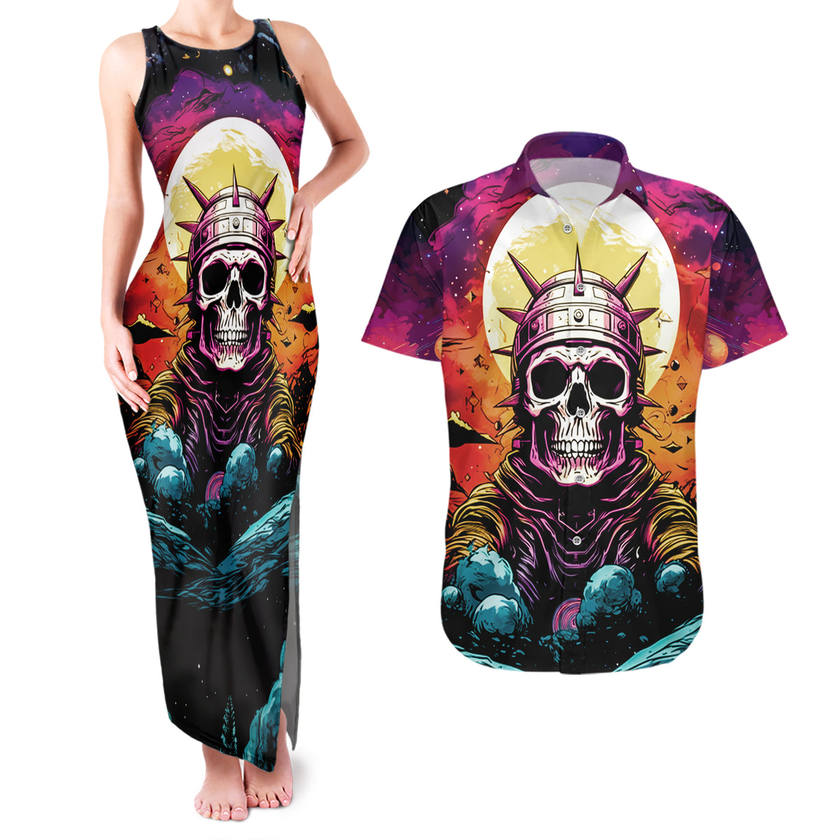 Skull Space Couples Matching Tank Maxi Dress and Hawaiian Shirt I'll Put You In The Trunk - Wonder Print Shop