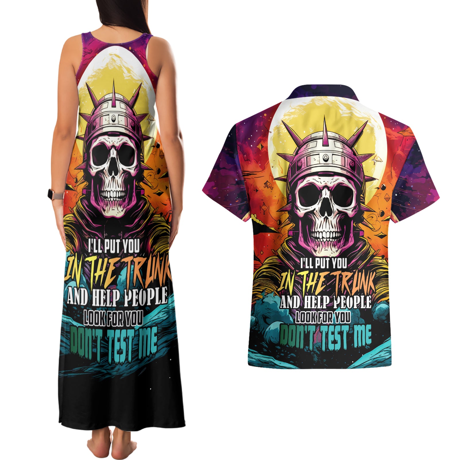 Skull Space Couples Matching Tank Maxi Dress and Hawaiian Shirt I'll Put You In The Trunk - Wonder Print Shop