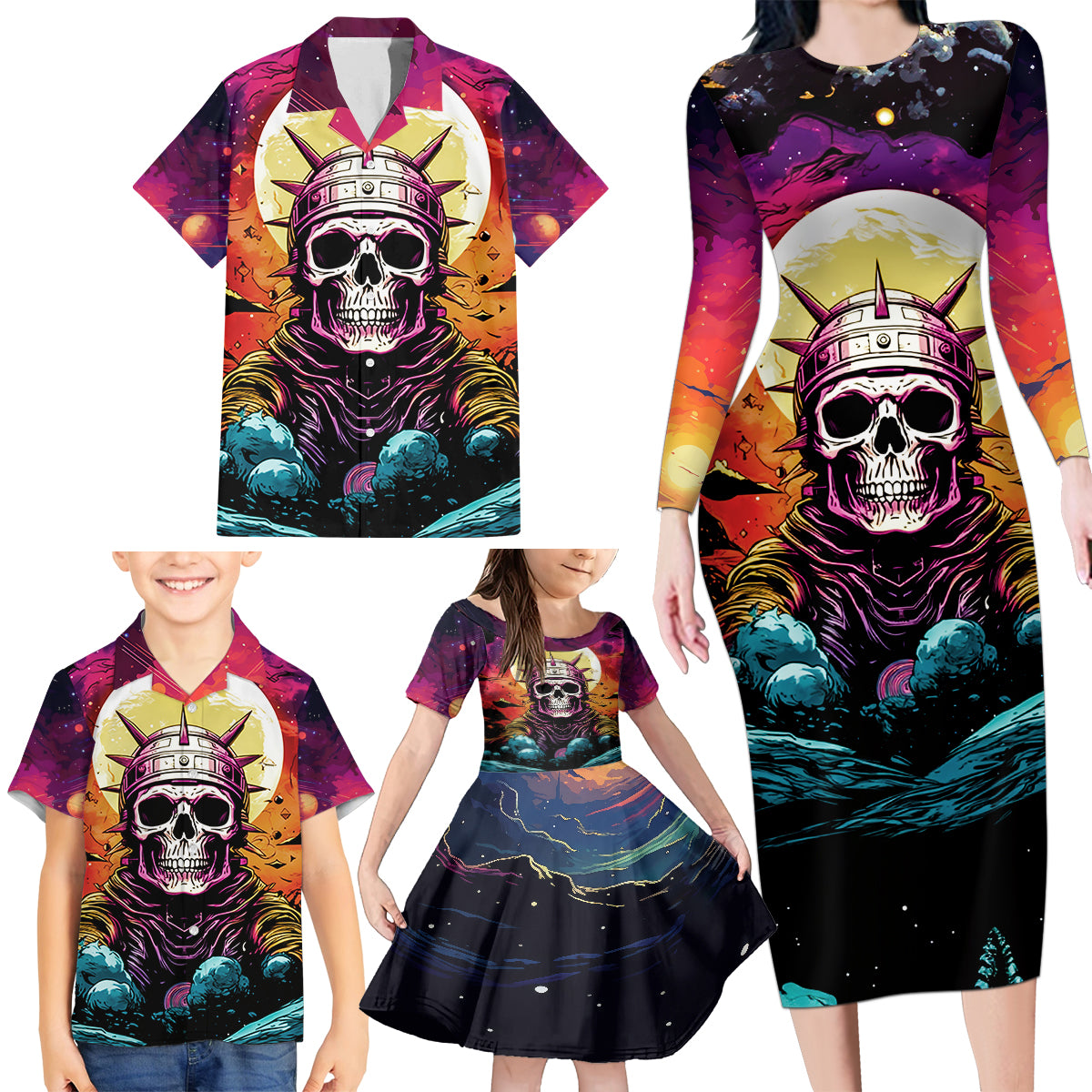 Skull Space Family Matching Long Sleeve Bodycon Dress and Hawaiian Shirt I'll Put You In The Trunk - Wonder Print Shop