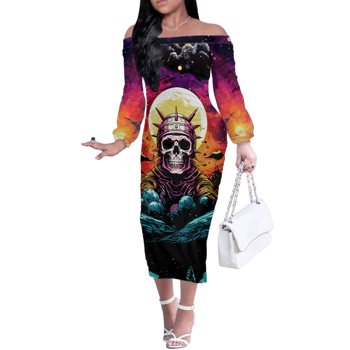 Skull Space Family Matching Off Shoulder Long Sleeve Dress and Hawaiian Shirt I'll Put You In The Trunk - Wonder Print Shop