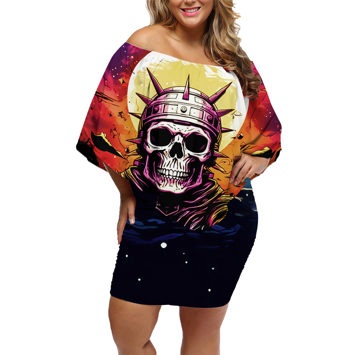 Skull Space Family Matching Off Shoulder Short Dress and Hawaiian Shirt I'll Put You In The Trunk - Wonder Print Shop
