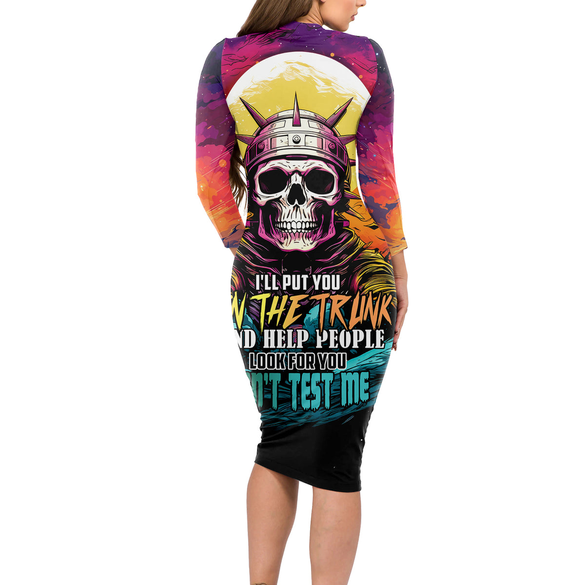 Skull Space Long Sleeve Bodycon Dress I'll Put You In The Trunk - Wonder Print Shop