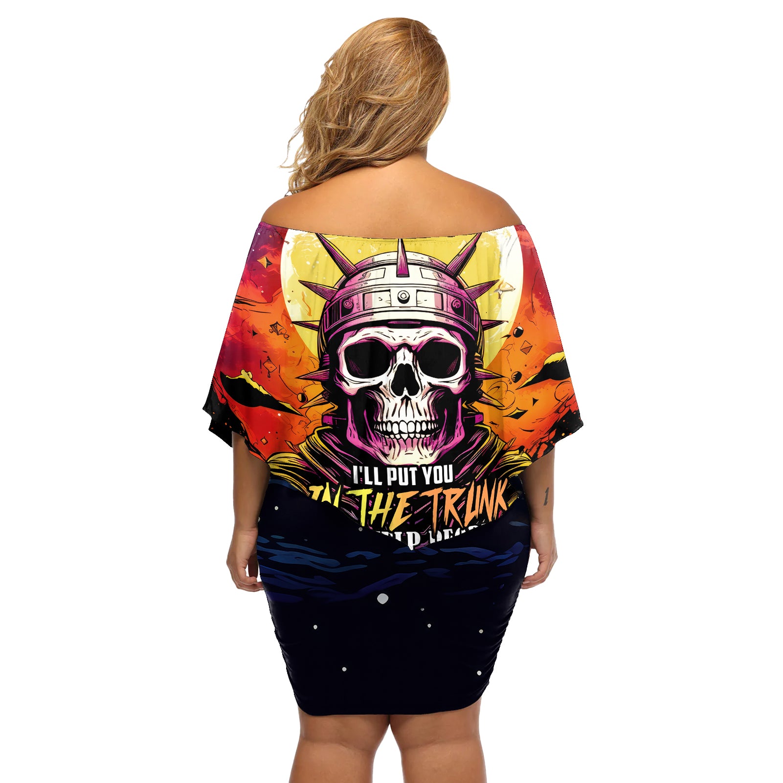 Skull Space Off Shoulder Short Dress I'll Put You In The Trunk - Wonder Print Shop