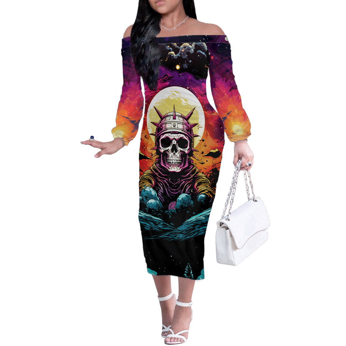 Skull Space Off The Shoulder Long Sleeve Dress I'll Put You In The Trunk - Wonder Print Shop