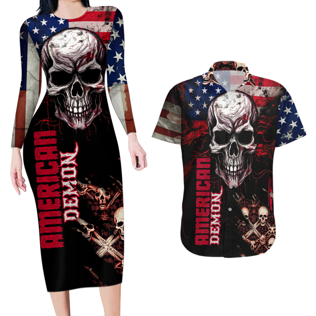 Skull Couples Matching Long Sleeve Bodycon Dress and Hawaiian Shirt American Demon - Wonder Print Shop